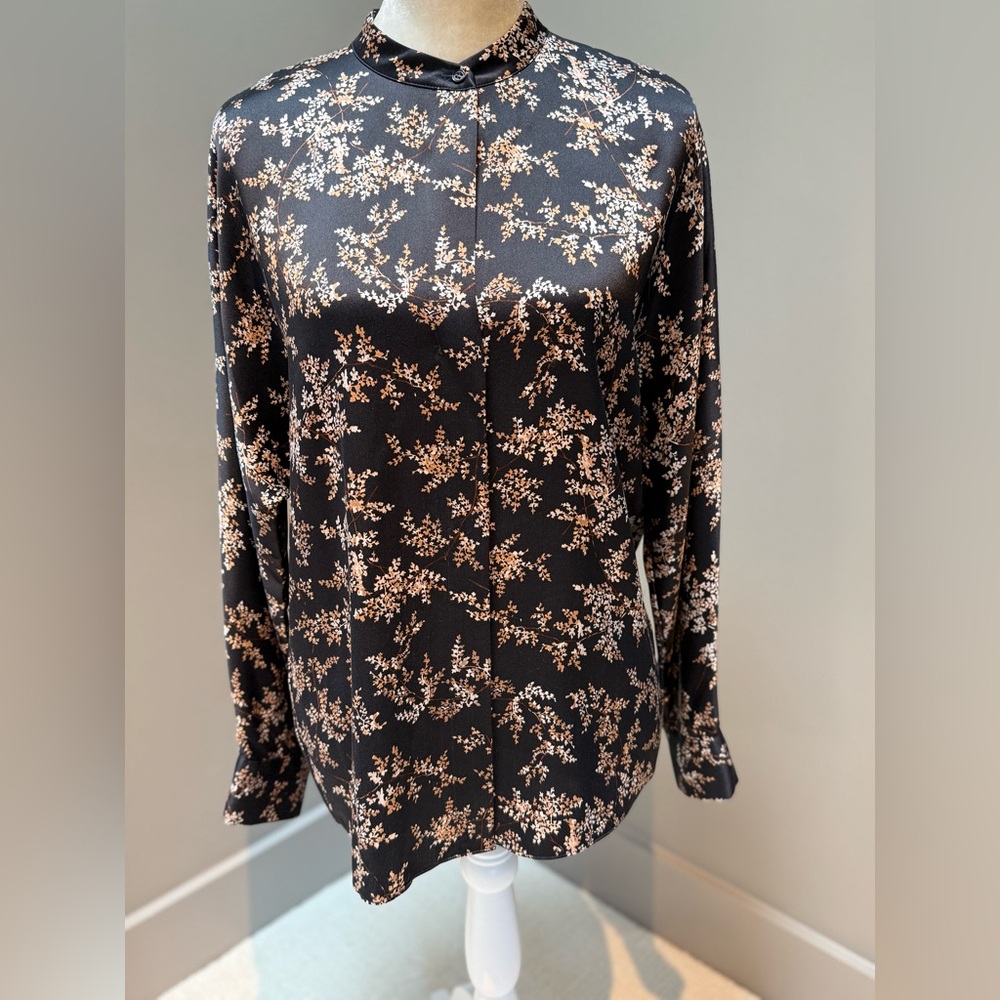 Vince Silk Satin Band-Collar Blouse, Size M